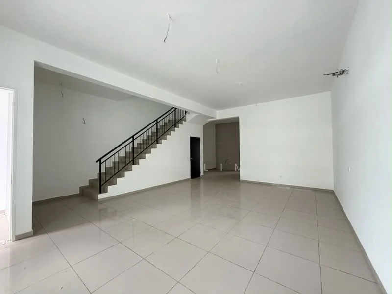 Room features: white painted walls, grey tiled flooring, staircase with black metal railing, open layout, high ceiling, no visible furniture, large windows, neutral color scheme; style: modern.