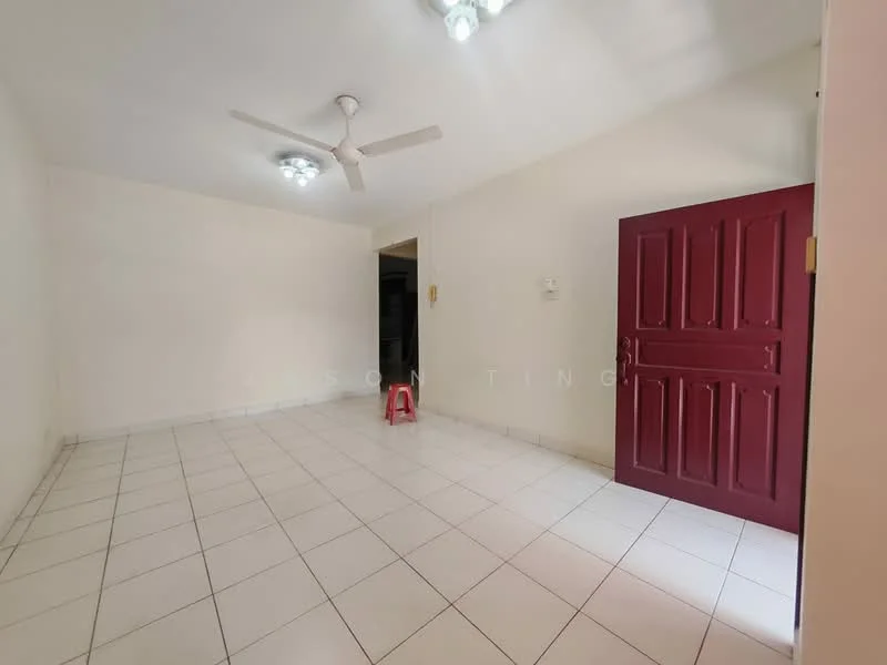 Room features: white painted walls, white tiled flooring, ceiling fan, 2 ceiling lights, red door, empty space; style: modern.