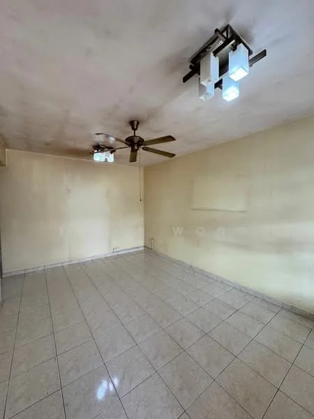Living features: cream painted walls, glossy ceramic tile flooring, 5-blade ceiling fan, 2-light pendant lamp, wall-mounted light fixture, no visible furniture, large open space, single window, neutral color scheme.