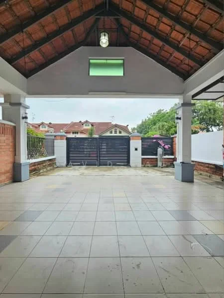 Exterior type: detached bungalow; features: pitched tile roof, exposed wooden beams, grey tiled flooring, brick walls, manicured landscaping, gated entrance, outdoor lighting, surrounded by residential houses; style: modern.