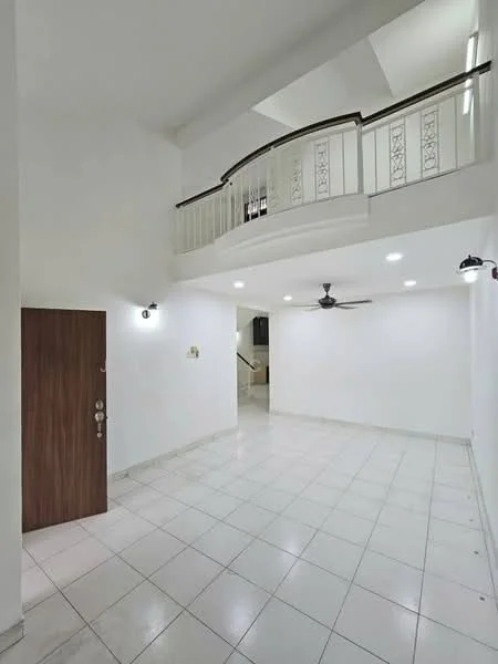 Room features: white painted walls, white ceiling, recessed LED downlights, 2 wall-mounted sconces, ceramic tile flooring, wooden front door, ceiling fan, open staircase, balustrade railing; style: modern.