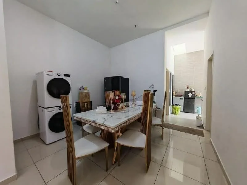 Dining features: marble dining table, 4 dining chairs with upholstered seats, white painted walls, ceramic tile flooring, recessed ceiling lights, laundry area with stacked washer and dryer, black refrigerator, kitchen area visible in background; style: modern.