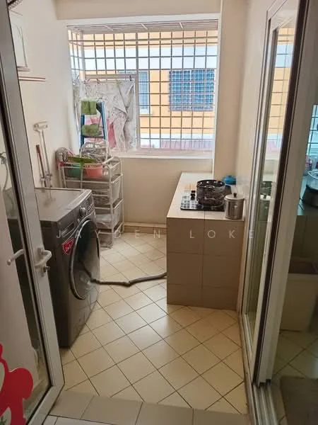 Laundry features: front-load washing machine, kitchen countertop, gas stove with 4 burners, tile flooring, window with grid, metal shelving unit, sink, light fixture.
