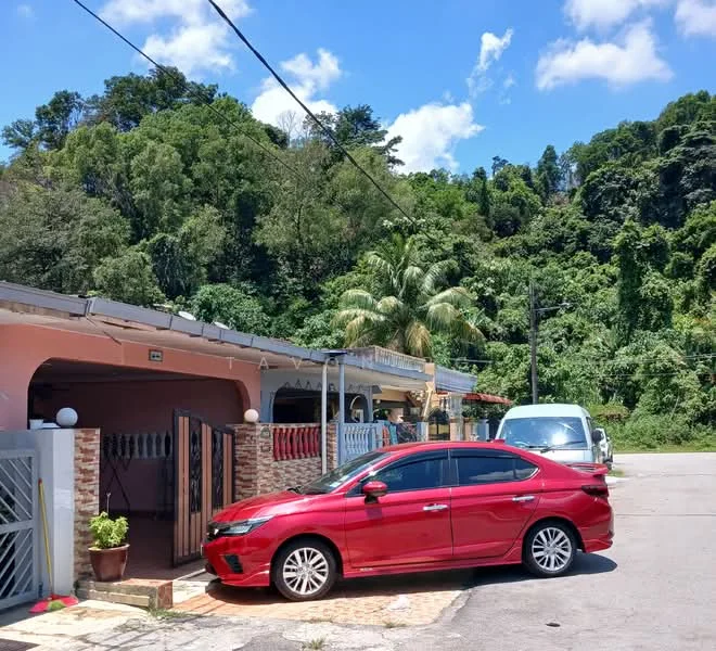 Exterior type: linked terrace house; features: single-storey, red brick facade, manicured lawn, paved driveway, car porch with awning, surrounded by mature greenery, tropical landscaping, visible parking area; style: traditional.