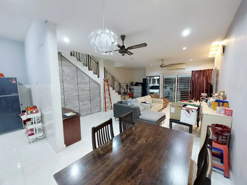 Living features: white painted walls, ceramic tile flooring, 5-blade ceiling fan with light, sofa in beige, coffee table, TV console, wall-mounted TV, area rug, large windows with sheer curtains, decorative wall lighting; style: modern. Dining features: wooden dining table, 4 dining chairs, pendant lamp, open shelving, decorative items on shelves; style: modern. Kitchen features: stainless-steel fridge, white cabinetry, countertop with storage, sink, kitchen island, open layout to living area; style: modern. Hallway features: staircase with metal railing, grey accent wall, decorative ladder; style: modern.