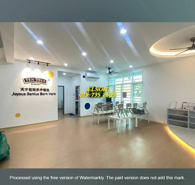 Room features: light wood laminate flooring, white painted walls, recessed downlights, ceiling fan, large windows with sheer curtains, open layout, decorative wall with logo, multiple chairs arranged in rows; style: modern.