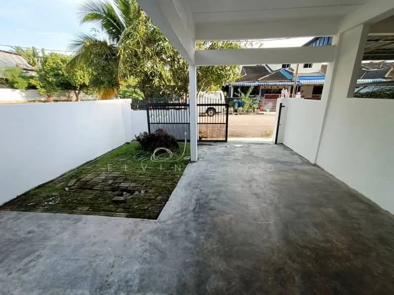 Exterior features: concrete flooring, white painted walls, manicured lawn, paved walkway, fence, gate, tropical landscaping, surrounded by greenery; style: modern.