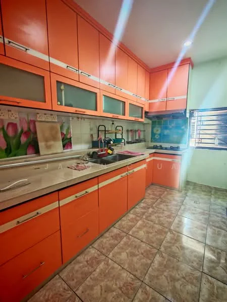 Kitchen features: orange cabinetry, white countertop, single-bowl stainless-steel sink, chrome pull-down faucet, built-in gas hob, wall-mounted kitchen cabinets, tile backsplash with floral pattern, ceramic tile flooring, window with security bars, recessed lighting; style: modern.