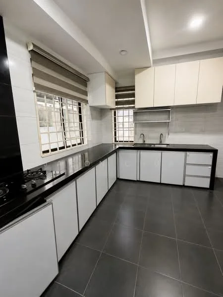 Kitchen features: black granite countertop, white cabinetry with flat-panel doors, stainless-steel double-bowl sink, chrome pull-down faucet, built-in gas hob with two burners, wall-mounted kitchen hood, grey ceramic tile flooring, large windows with striped roller blinds, open shelving, recessed ceiling lights; style: modern.
