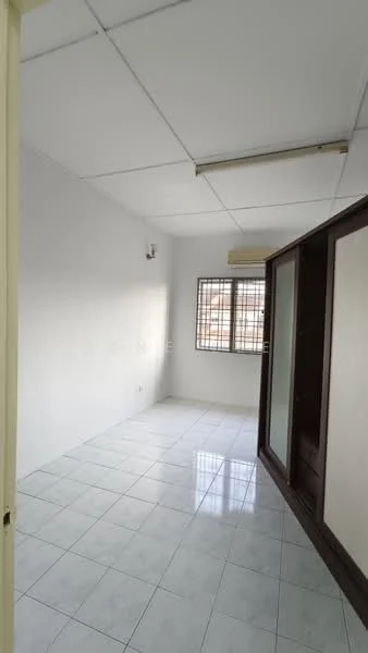Room features: white painted walls, white tiled flooring, ceiling light fixture, window with metal grille, air conditioning unit, built-in wardrobe with sliding doors.