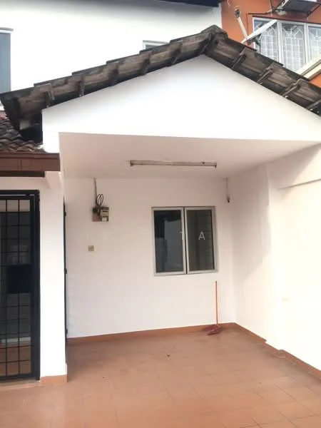 Exterior type: linked terrace house; features: white painted facade, pitched tile roof, terracotta floor tiles, single window, exposed eaves, outdoor light fixture; style: modern.