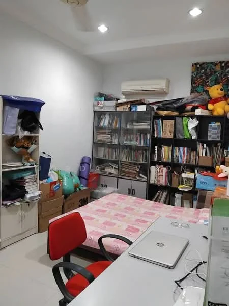 Room features: white painted walls, tile flooring, recessed downlights, 1 wall-mounted split AC, desk with laptop, red office chair, bookshelves with books and toys, storage boxes, pink patterned bedspread, stuffed animals, decorative wall art.