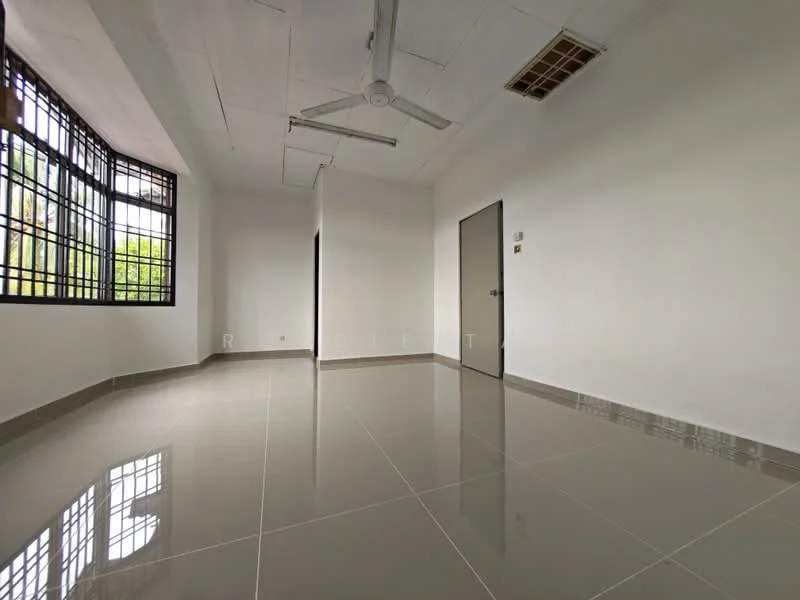 Room features: white painted walls, grey tiled flooring, ceiling fan, large windows with black metal grilles, door, natural light from windows; style: minimalist; view: garden.