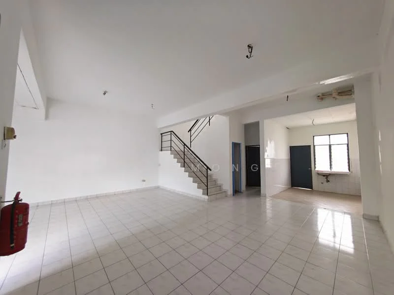 Living features: white painted walls, tile flooring, staircase with metal railing, large windows, open layout, high ceiling, light fixtures on ceiling, fire extinguisher mounted on wall; style: modern. Kitchen features: white painted walls, tile flooring, window above sink, sink, countertop, cabinets, open layout to living area; style: modern.