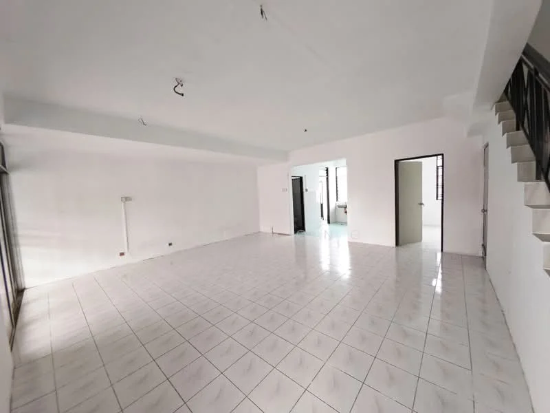 Room features: white painted walls, glossy white tile flooring, ceiling with recessed lighting, large windows for natural light, open layout, staircase visible in background, multiple doorways, neutral color scheme; style: modern.