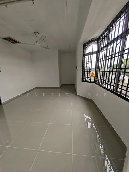 Room features: white painted walls, grey tiled flooring, ceiling fan, large windows with black metal grilles, natural light from windows, open layout, no visible furniture, smooth ceiling; style: modern.