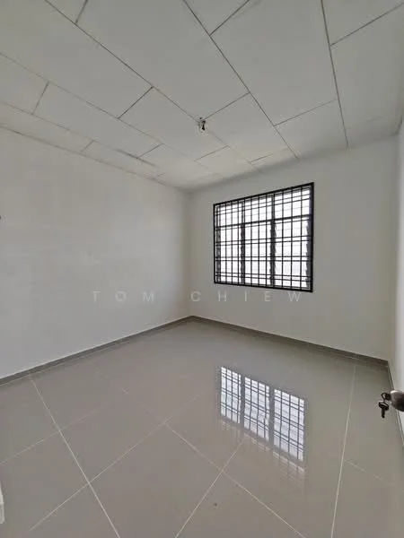 Room features: white painted walls, grey tiled flooring, grid ceiling, large window with metal grille, natural light, empty space; style: modern.