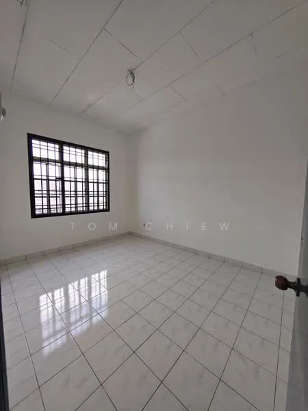 Room features: white painted walls, white ceiling, tile flooring, large windows with black metal frames, natural light from windows, no visible furniture, plain light fixture, empty room; style: minimalist.