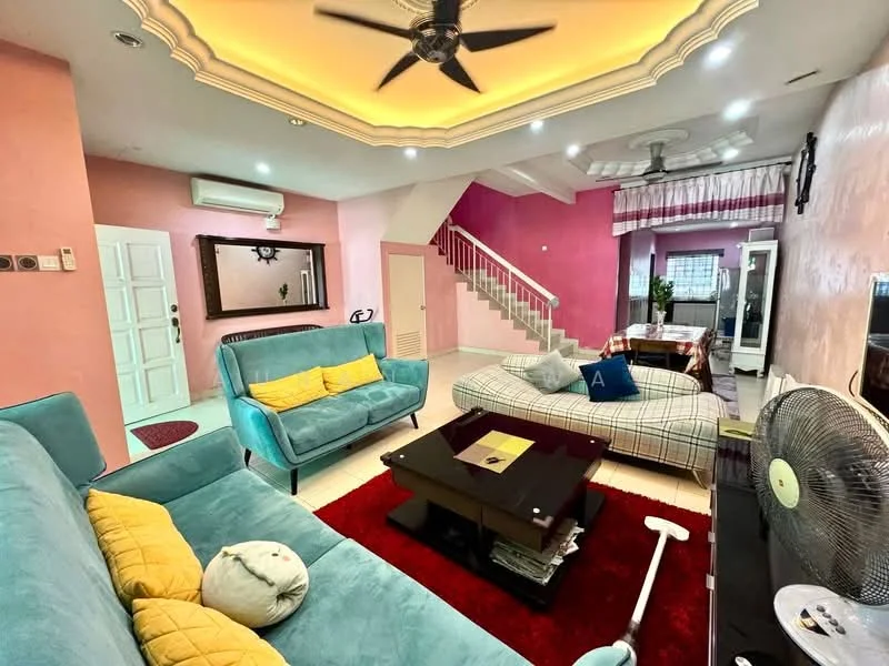 Living features: turquoise fabric sofa, yellow accent pillow, beige fabric sofa, red area rug, glass coffee table, wall-mounted TV, ceiling fan with light, recessed downlights, decorative mirror, white painted walls, staircase in background, wooden dining table, checkered floor cushions; style: modern.