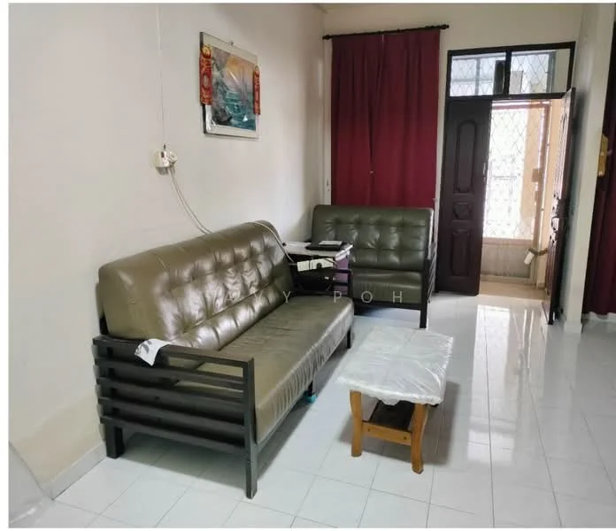 Living features: 2-seater leather sofa in olive green, 3-seater leather sofa in olive green, wooden coffee table, white tablecloth on coffee table, white tiled flooring, cream painted walls, red curtains, door leading to exterior, wall-mounted electrical outlet; style: modern.