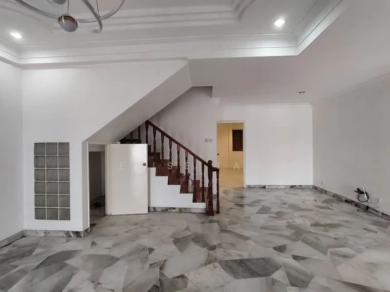 Living features: marble flooring, white painted walls, tray ceiling, ceiling light fixture, staircase with wooden railing, built-in wall air conditioning unit, white cabinet, large open space; style: modern.