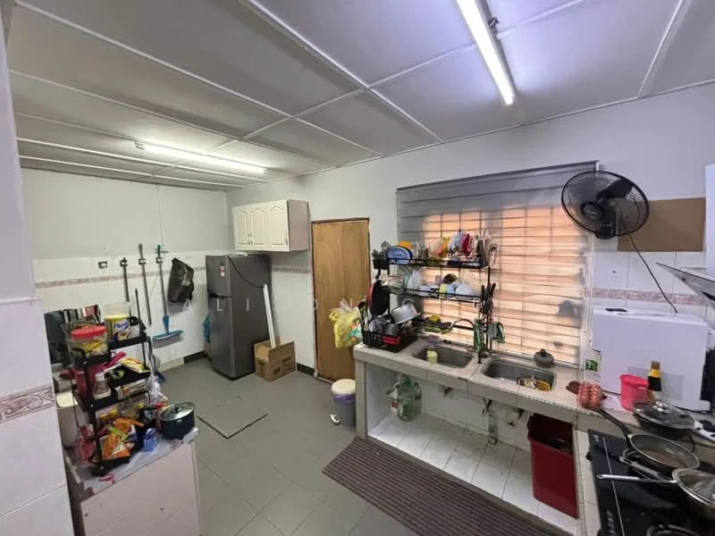 Kitchen features: grey ceramic tile flooring, white painted walls, flat-panel white cabinetry, stainless-steel fridge, built-in countertop with sink, kitchen stove with oven, exhaust fan, open shelving, wall-mounted storage racks, window with blinds, recessed ceiling lights; style: functional.