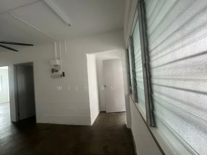 Room features: white painted walls, concrete flooring, sliding windows with frosted glass, doorway leading to another room, ceiling with exposed ductwork, ceiling fan; style: minimalist.