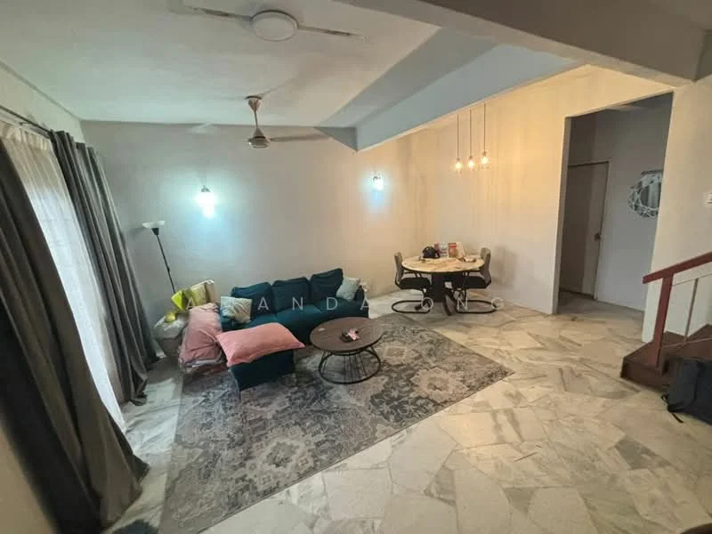 Living features: grey painted walls, marble tile flooring, 5-blade ceiling fan, recessed downlights, pendant lights, sofa with cushions in various colors, round coffee table, area rug with intricate pattern, dining table with chairs, decorative wall mirror, staircase leading to upper level; style: modern.