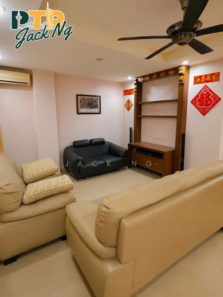 Living features: 2-seater black leather sofa, 3-seater beige leather sofa, ceiling fan, wall-mounted TV console, light-colored walls, tile flooring, decorative wall art, wall-mounted speakers, decorative red wall hangings; style: contemporary.