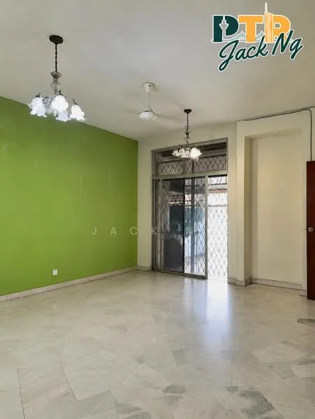 Living features: green accent wall, white painted walls, marble flooring, 2 ceiling fans, 3-bulb pendant light fixture, sliding glass door, window with security grille, natural light from window.