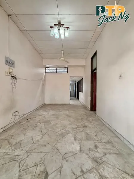 Room features: marble flooring, white painted walls, dropped ceiling, ceiling fan, light fixture with multiple bulbs, windows with natural light, doorway leading to another room, open layout; style: minimalist.