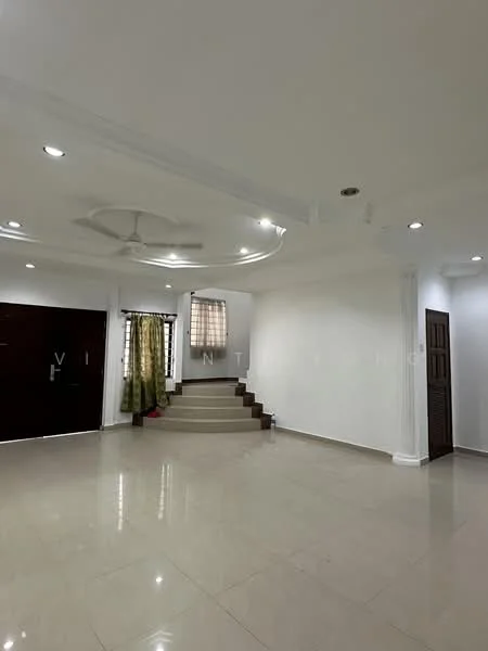 Living features: white painted walls, polished ceramic tile flooring, tray ceiling with recessed lighting, 5-blade ceiling fan, large window with sheer curtains, staircase leading to upper level, double main entrance doors, decorative wall paneling; style: modern.