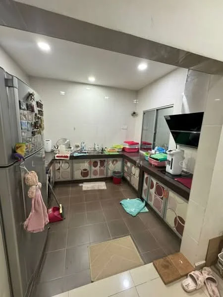 Kitchen features: stainless-steel fridge, grey countertop, kitchen cabinets with decorative panels, sink, built-in oven, microwave, tile flooring, window, light fixtures, wall-mounted storage, decorative wall tiles, kitchen utensils, appliances on countertop; style: modern.
