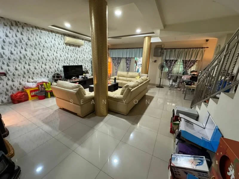 Living features: cream leather sofa, 3-seater sofa, 2-seater sofa, coffee table, wall-mounted TV, decorative wall with tree pattern, white painted walls, recessed ceiling lights, tile flooring, air conditioning unit, curtains, standing fan, open layout; style: modern.