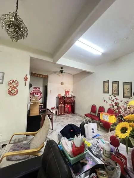 Living features: white painted walls, marble tile flooring, ceiling fan, recessed ceiling lights, decorative chandelier, wooden chairs, small round table, decorative wall art, red Chinese altar, plastic storage boxes, flowers in vase, various household items on table; style: traditional.