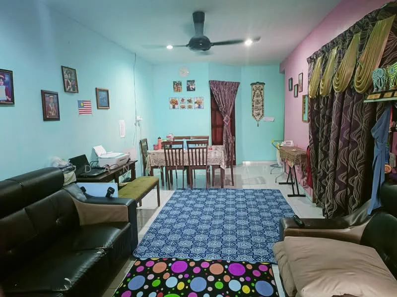 Living features: light blue painted walls, pink accent wall, white tiled flooring, 5-blade ceiling fan, black leather sofa, 2-seater fabric sofa, wooden dining table with chairs, decorative wall art, area rug with geometric pattern, curtains with gold trim, wall-mounted clock, printer on a desk; style: contemporary.