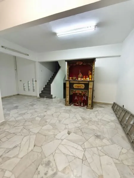 Room features: marble flooring, white painted walls, ceiling lights, staircase with grey steps, decorative altar, ladder against wall; style: modern.