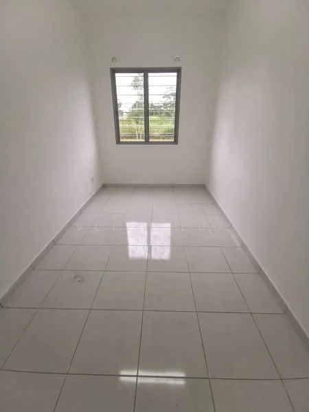 Room features: white painted walls, glossy ceramic tile flooring, large window with black frame, natural light from window, no visible furniture, minimalist decor, neutral color scheme, clean lines; style: minimalist; view: garden.