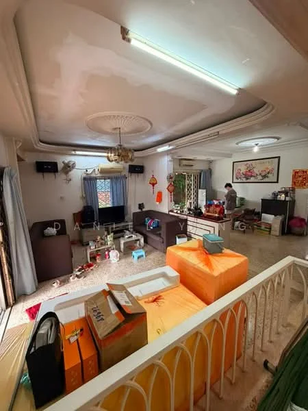 Living features: cream painted walls, exposed ceiling with decorative moulding, ceiling fan with light, recessed downlights, wall-mounted air conditioning unit, floor-to-ceiling windows with sheer curtains, brown fabric sofa, orange upholstered ottoman, coffee table, TV console, decorative artwork on wall, carpet flooring, decorative plants, storage boxes, dining table with chairs; style: traditional.