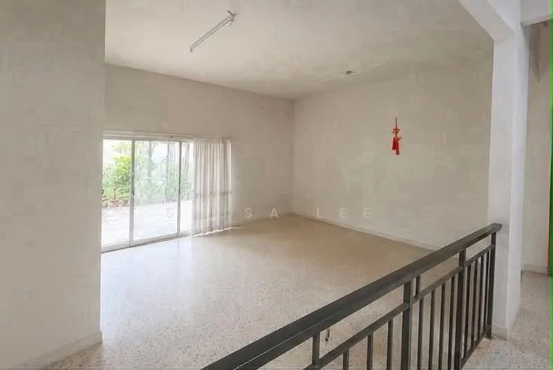 Room features: white painted walls, terrazzo flooring, floor-to-ceiling sliding glass door, sheer curtains, ceiling lights, open layout, access to outdoor space, decorative red tassel; style: modern; view: garden.