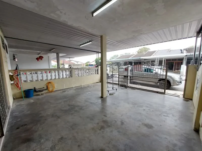 Exterior type: linked terrace house; features: concrete flooring, metal gate, white painted walls, overhead lighting, open space, decorative railing, driveway, surrounding residential area; style: modern.