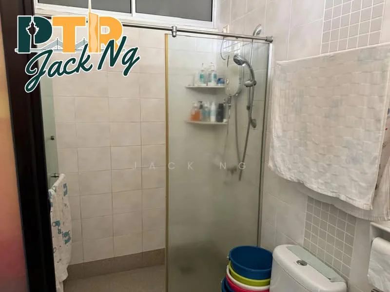 Bathroom features: glass shower enclosure, rain shower head, handheld shower, white toilet, white towel rack, shelves for toiletries, light-colored tiled walls, light-colored flooring.