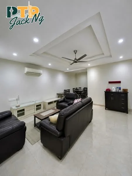 Living features: black leather 3-seater sofa, black leather 2-seater sofa, coffee table, area rug, ceiling fan with light, recessed downlights, wall-mounted air conditioning unit, flat-screen TV console, decorative wall shelf, cream tiled flooring, white painted walls, tray ceiling; style: modern. Dining features: 6-seater dining table, black dining chairs; style: modern.