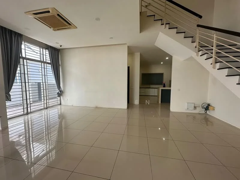 Living features: large floor-to-ceiling windows, grey curtains, white painted walls, polished ceramic tile flooring, recessed downlights, 1 wall-mounted split AC, open layout, staircase with metal railing; style: modern; view: city. Kitchen features: open kitchen layout, white cabinetry, kitchen island, countertop, built-in appliances; style: modern.