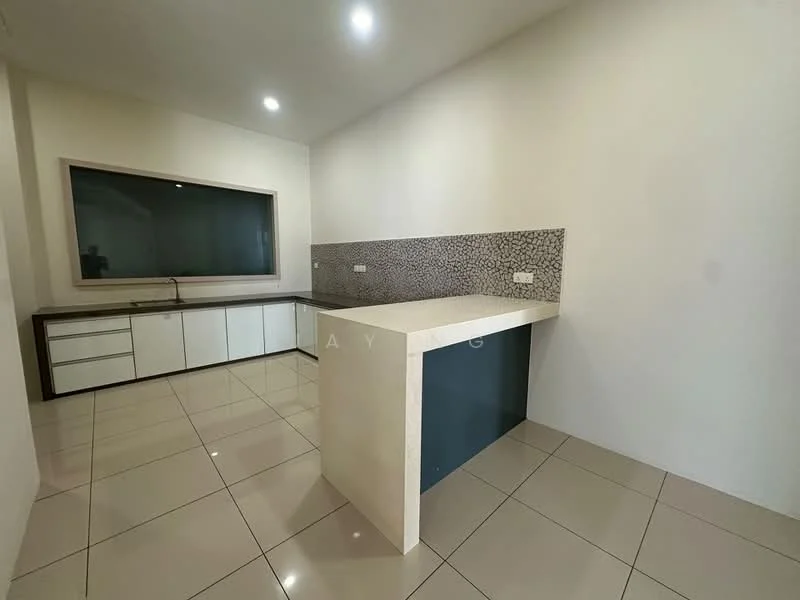 Kitchen features: white cabinetry, grey patterned backsplash, light-colored countertop, built-in sink, stainless-steel faucet, tile flooring, recessed lighting, large window, open layout; style: modern.