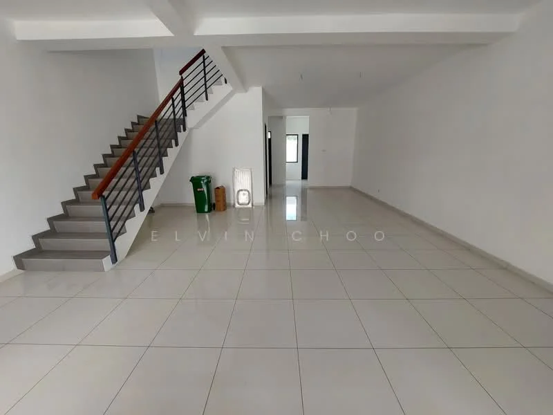 Room features: white painted walls, polished ceramic tile flooring, staircase with metal railing, large windows for natural light, open layout, high ceiling, no visible furniture, neutral color scheme; style: modern.