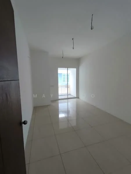 Room features: white painted walls, glossy tile flooring, sliding glass door, floor-to-ceiling windows, natural light, ceiling hooks for lighting, balcony access; style: modern.
