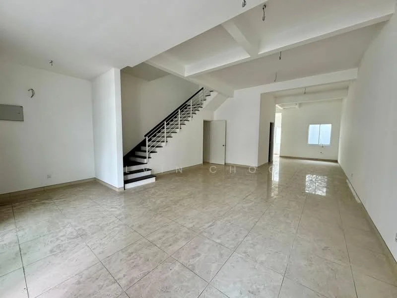 Room features: white painted walls, marble tile flooring, exposed ceiling beams, staircase with metal railing, large windows, open layout, neutral color scheme, high ceilings; style: modern.