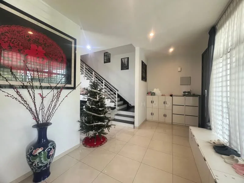 Room features: white painted walls, tile flooring, staircase with white railing, large windows with sheer curtains, decorative wall art, potted plant, Christmas tree, storage cabinets, bench seating, natural light from windows; style: modern.