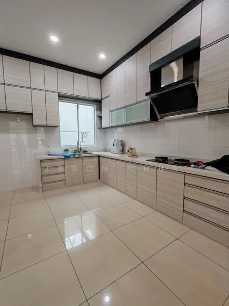 Kitchen features: light wood cabinetry with flat-panel design, white tiled backsplash, stainless-steel range hood, built-in oven, 4-burner gas hob, single-bowl stainless-steel sink, chrome pull-down faucet, window above sink, ceramic tile flooring, recessed LED downlights; style: modern.